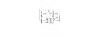 A floor plan of a house with a balcony, living and dining room, kitchen, and two bedrooms.