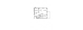 A floor plan of a house with two bedrooms, a kitchen, a living/dining area, and two bathrooms.