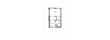 A floor plan of a studio apartment with a kitchen, bathroom and closet.