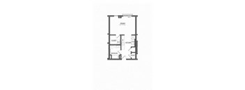 A floor plan of a small apartment with a kitchen, bathroom, and two closets.