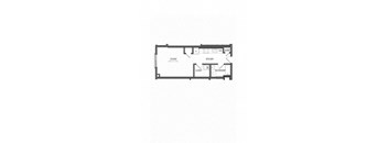A floor plan of a studio apartment with a kitchen, bathroom and closet.