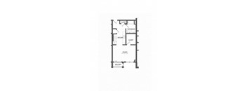 A floor plan of a studio apartment with a kitchen, bathroom, and closet.