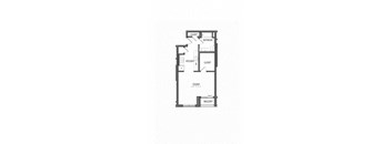 A floor plan of an apartment with a kitchen, two bathrooms, a closet, a balcony, and a studio.