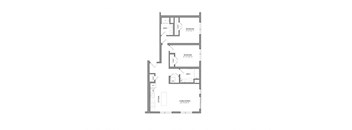 A floor plan of a house with a living room, two bedrooms, a bathroom, and a kitchen.