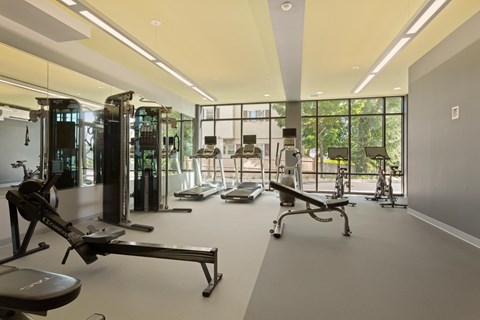 A gym with a variety of equipment including treadmills, weights, and exercise machines.