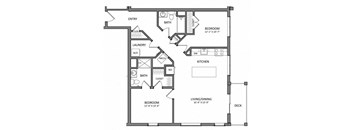 A floor plan of a home with two bedrooms, a living/dining area, a kitchen, a laundry room, and an entry point.