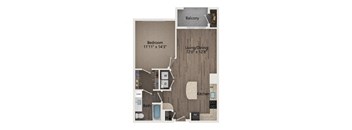 A floor plan of a home with a bedroom, living/dining area, kitchen, bathroom, and balcony.