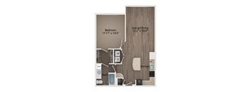 A floor plan of a small apartment with a bedroom, living/dining area, kitchen, bathroom, and a balcony.