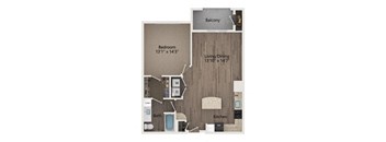 A floor plan of a small apartment with a bedroom, living room, kitchen, and bathroom.