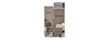 A floor plan of a home with a bedroom, bathroom, kitchen, and living/dining area.