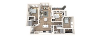 A 3D floor plan of a house showing the layout of the rooms.