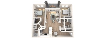 A top-down view of a small apartment with a kitchen, living room, and bedroom.