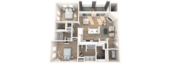A 3D floor plan of a house showing a kitchen, living room, and bedrooms.