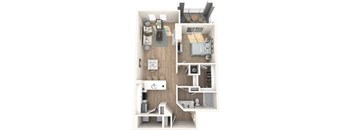 A top down view of a small apartment with a kitchen, living room, and bedroom.