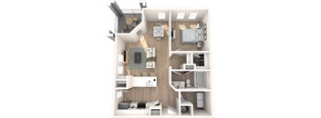 A top-down view of a small apartment with a kitchen, living room, and bedroom.