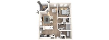 A top-down view of a small apartment with a kitchen, living room, and bedroom.