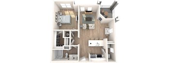 A 3D rendered image of a small apartment layout.