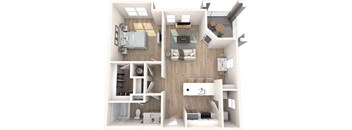A 3D rendered image of a small apartment layout.