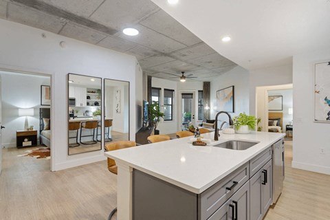 A modern kitchen with a large island and a view of the living room through the glass doors.