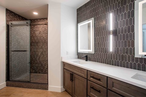 A bathroom with a brown tile shower and a white sink.