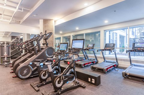 A gym with treadmills, elliptical machines, and stationary bikes.