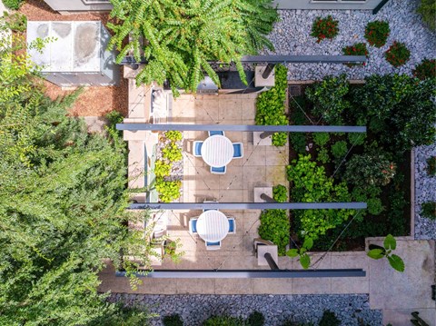 A patio with a table surrounded by trees.