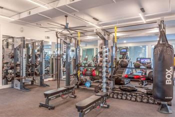 A gym with a variety of equipment including a boxing bag.