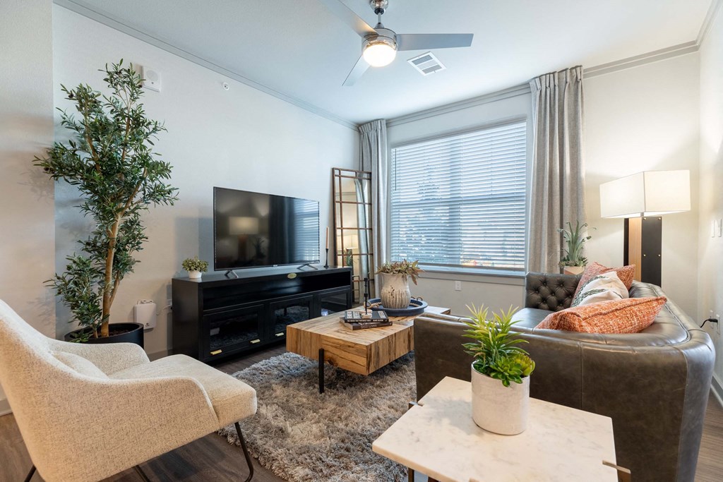 A living room with a white chair, a brown sofa, a wooden coffee table, a TV, and a plant.