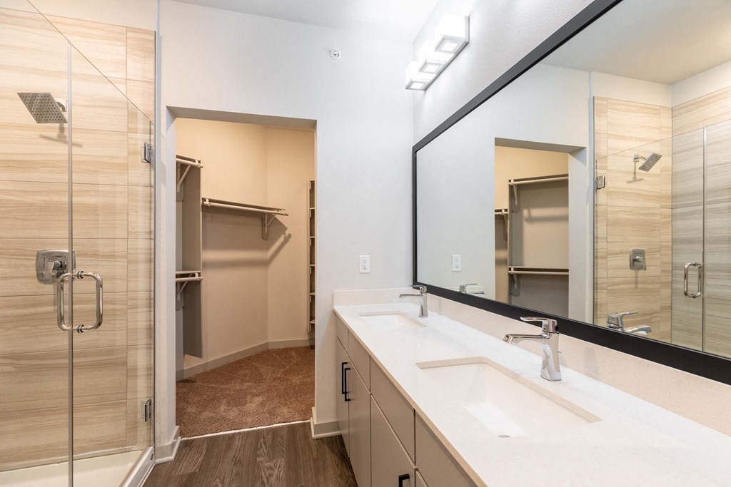 A bathroom with a walk-in shower, double sinks, and a large mirror.