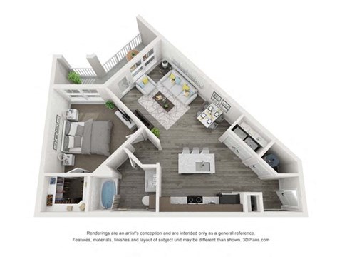 A 3D floor plan of a house with a kitchen, living room, and bathroom.