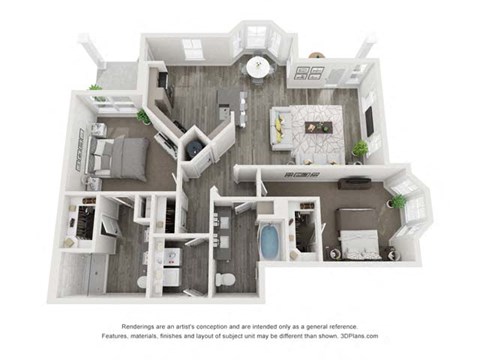 A 3D floor plan of a house with a kitchen, living room, and bathroom.
