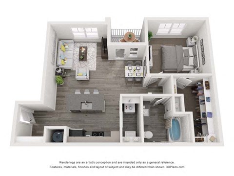 A 3D floor plan of a small apartment with a kitchen, living room, and bathroom.