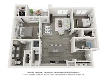 A 3D floor plan of a small apartment with a kitchen, living room, and bedroom.