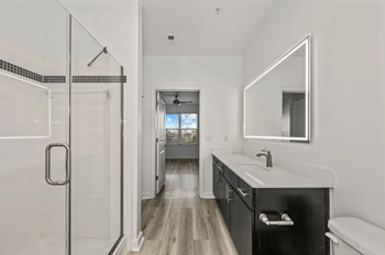 A bathroom with a walk-in shower, a sink, and a toilet.