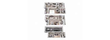 Three floor plans of a house with a garage on the bottom floor.