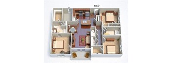 A 3D floor plan of a house with labeled rooms.