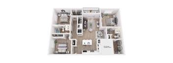 A floor plan of a small apartment with a kitchen, living room, and bedrooms.