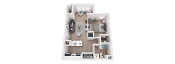 A top-down view of a modern apartment layout with a kitchen, living room, and bedrooms.
