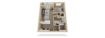 A 3D model of a house with a kitchen, living room, and bathroom.
