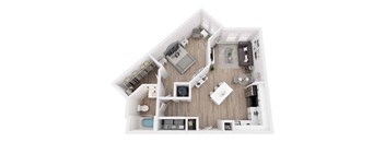 A top-down view of a house interior with a kitchen, living room, and bedrooms.
