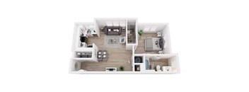 A top-down view of a modern apartment layout.
