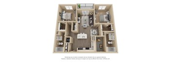 A 3D floor plan of a house with a kitchen, living room, and bedrooms.