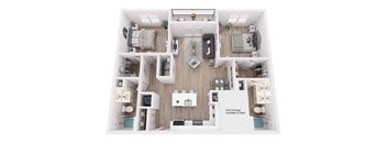 A floor plan of a small apartment with a kitchen, living room, and bedrooms.