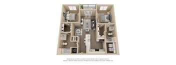 A 3D floor plan of a small apartment with a kitchen, living room, and bathroom.