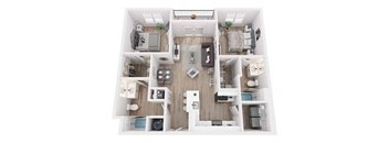 A top-down view of a small apartment with a kitchen, living room, and bedroom.