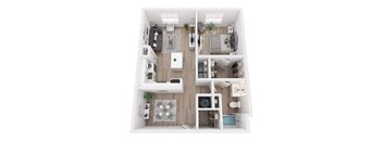 A top-down view of a small apartment with a kitchen, living room, and bedroom.