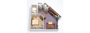 A floor plan of a small apartment with a bedroom, living room, and kitchen.