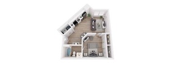 A top-down view of a house layout with a living room, kitchen, and bathroom.