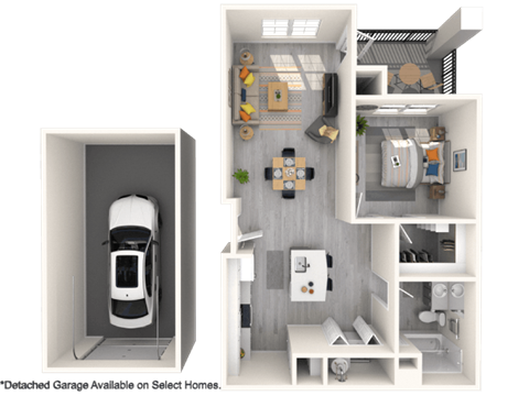 A modern, white-themed interior design of a garage and living space.