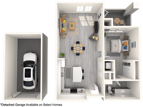 A 3D rendering of a house with a detached garage available on select homes.